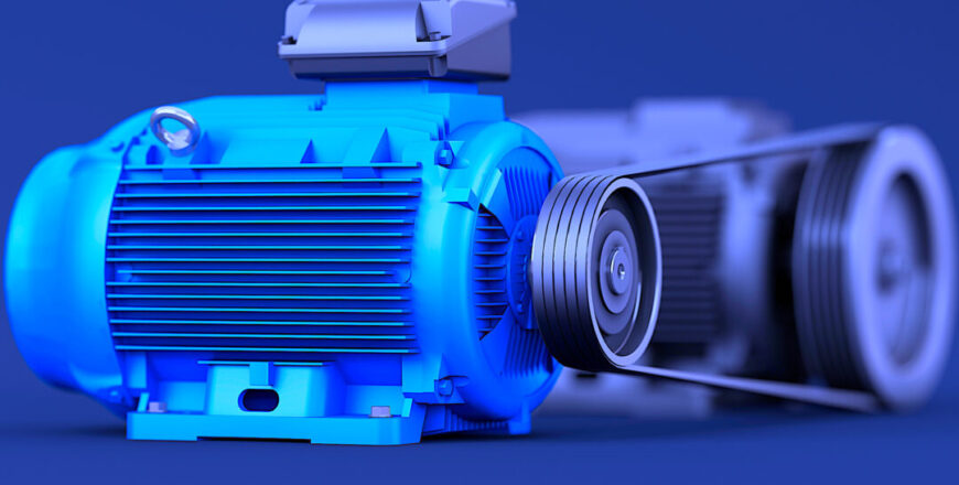 Electric motors connected by a belt drive on a dark background. Close-up, shallow depth of field. 3d illustration